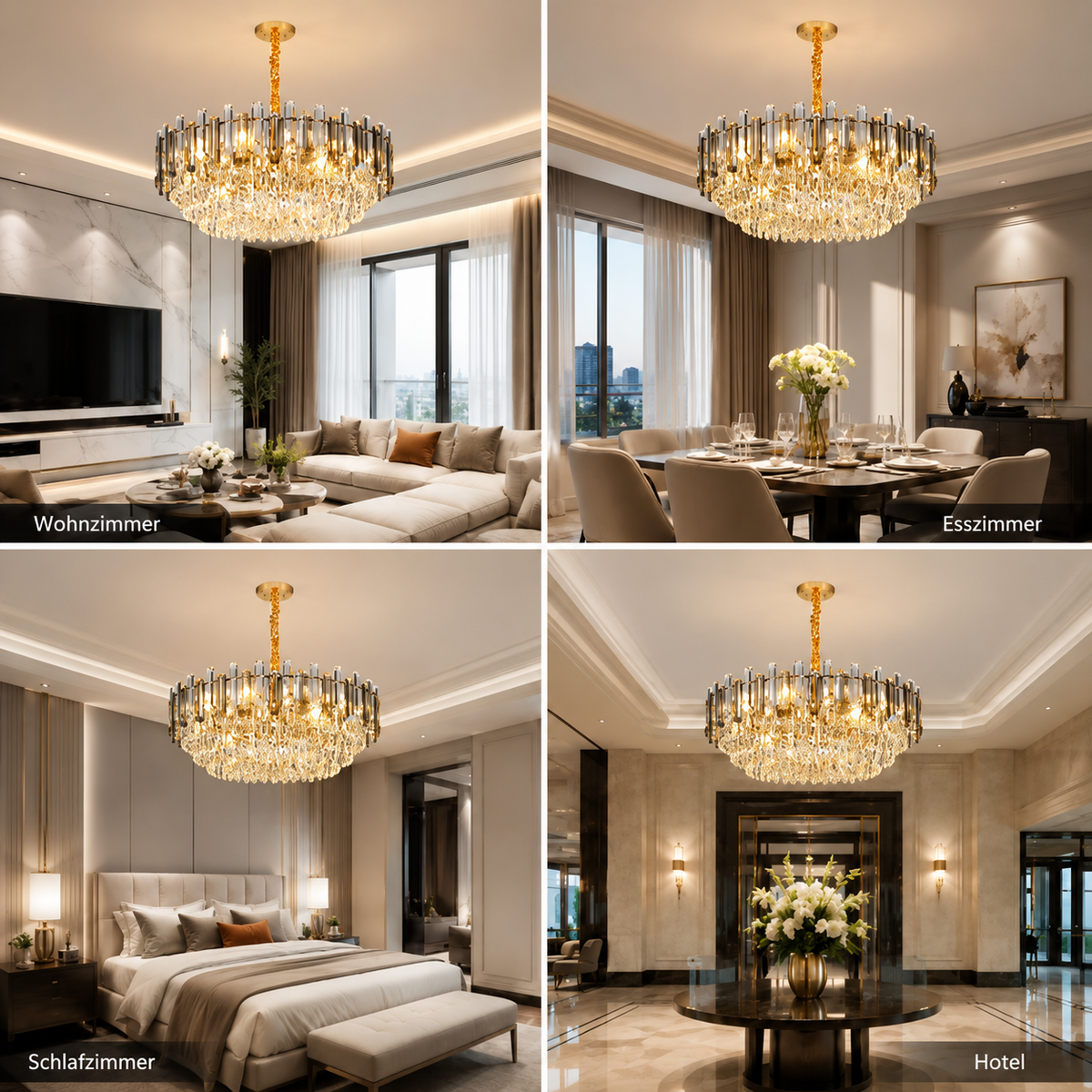 Luxus Gold Kristall Kronleuchter für Wohnzimmer & Schlafzimmer